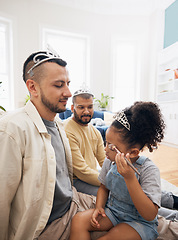 Image showing Blended family, LGBT parents and makeup with a girl in the living room of her home for princess fantasy. Gay, love or adoption and a daughter together with her father on the sofa for bonding closeup