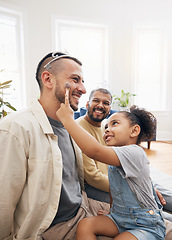 Image showing Blended family, gay father and makeup with a daughter in the living room of her home for princess fantasy. LGBT, love or adoption and a girl together with her parents on the sofa for bonding closeup