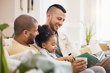 Image showing Gay couple, girl and reading book on sofa with smile, bonding and love in story in living room together. Happiness, lgbt men and child storytelling on couch in fantasy, learning and education in home