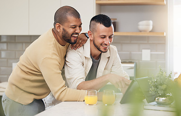 Image showing Laughing, breakfast and a gay couple with a tablet in a kitchen for a funny video or social media. Happy, house and lgbt men with technology for communication or reading an online chat together