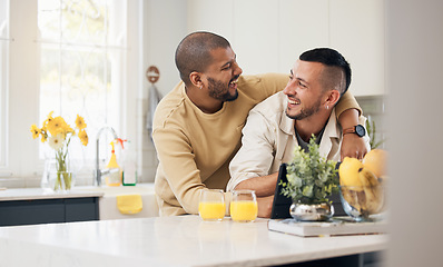 Image showing Lgbtq, gay and couple hug in kitchen for bonding, happiness and relax together at home. Love, dating and men embrace, laughing and happy in apartment for funny conversation, talking and affection