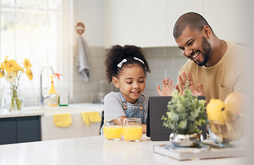 Image showing Tablet, video call and father with girl in kitchen, living room or online communication in home with wave, hello and smile. Happy, black family and virtual chat, conversation or talking on mobile app