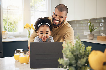 Image showing Tablet, video call and girl with dad in kitchen, living room or online communication in home with smile of father and kid. Happy, black family and virtual chat, conversation or talking on mobile app