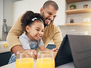 Image showing Tablet, video call and girl with dad in kitchen, living room or online communication in home with happy, hello and smile. Excited, black family and virtual chat, conversation or talking on mobile app