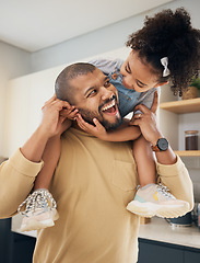 Image showing Fun, father and smile with girl on neck play, laugh and hugging in kitchen and home for quality time. Happy, black father and child playing together and bonding in house, family home for relaxing