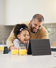 Image showing Tablet, video call and father with girl in kitchen, living room or online communication in home with smile and hello. Happy, black family and virtual chat, conversation or talking on mobile app