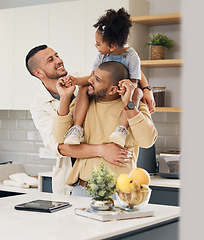 Image showing Happy family, child and gay parents in home together with love, support and bonding with girl on shoulders of dad in hug. LGBT, fathers and men with happiness or smile in kitchen and playing with kid