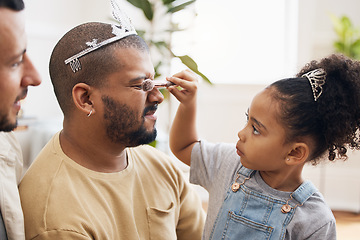 Image showing Blended family, LGBT parents and makeup with a daughter in the living room of her home for princess fantasy. Gay, love or adoption and a girl together with her father on the sofa for bonding