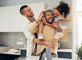 Image showing Gay parents, happy family and child in home together with love, support and bonding with girl on shoulders of dad in hug. LGBT, fathers and men with happiness or smile in kitchen and playing with kid