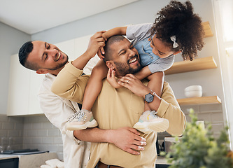 Image showing Happy family, gay parents and playing with child in home together with love, support and bonding with girl on shoulders LGBT, fathers and men with happiness, smile and dads in kitchen with kid