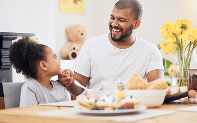 Image showing Home, father and girl with breakfast, smile and conversation with bonding, love and nutrition. Start the day, happy family and dad with female child, kid and healthy meal with fun, diet and food