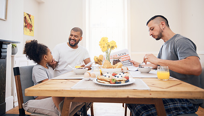 Image showing Gay couple, morning breakfast and happy family child bonding with queer dad, bisexual papa or non binary parents. LGBTQ, adoption or homosexual father smile for hungry child, girl or daughter at home