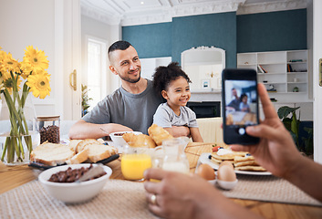 Image showing Cellphone, lunch and picture of father, child or happy family for memory photo, bonding and care in brunch dining room. Phone, home photography or kid pose with dad, papa or man for social media post