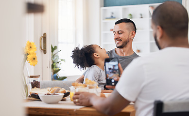 Image showing Father, phone screen and photography with girl, breakfast and happy with gay parents, post or memory for blog. Men, daughter and smartphone with profile picture, eating or social media in family home