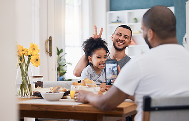 Image showing Smartphone, lunch or photo of gay couple, kid and memory picture of happy family with peace sign, bunny ears gesture or pose. Cellphone, photography or child smile with bisexual, queer or relax dad