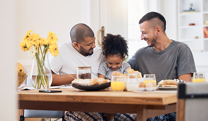 Image showing Smile, gay men and family at breakfast together in the dining room of their modern house. Happy, bonding and girl child eating a healthy meal for lunch or brunch with her lgbtq dads at home.