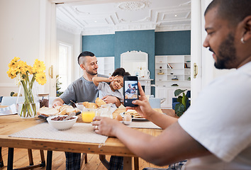 Image showing Phone, breakfast and picture of gay couple, child or happy family for memory photo, bonding and care. Cellphone, photography or kid pose with homosexual, queer or non binary dad for social media post