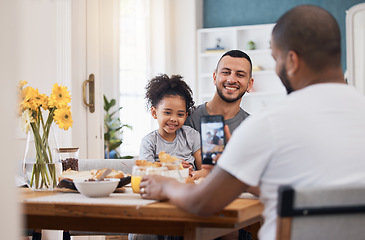 Image showing Cellphone, lunch or photo of gay couple, kid and memory picture of bonding happy family in home dining room. Smartphone, photography or child smile with bisexual, queer or non binary dad in apartment