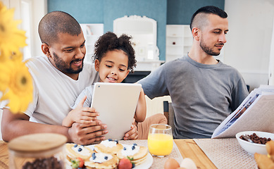 Image showing Gay family, tablet and child with breakfast at home for e learning, bonding and education on internet. Adoption, lgbt men or parents with a happy kid and technology in morning with food on a table