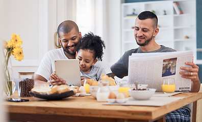 Image showing Gay couple, breakfast and happy family child with tablet, online story and reading ebook, watch video and relax with dad. App game, happiness and young youth kid bonding with homosexual papa at home