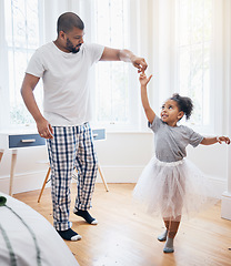 Image showing Father, girl and ballet dance in home, holding hands or help for training, learning or tutu in game. Dad, kid and care for steps, moving or practice for performance, concert or show in family house