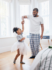 Image showing Dad, girl and ballet dancing in house, holding hands or help for training, comic smile or tutu in game. Man, kid and laugh for steps, moving and funny for performance, concert or show in family home