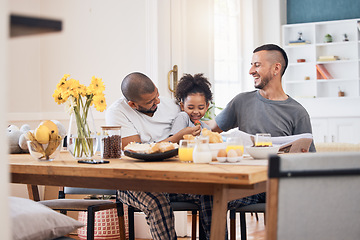 Image showing Laugh, gay men and family at breakfast together in the dining room of their modern house. Smile, happy and girl child bonding and eating a healthy meal for lunch or brunch with her lgbtq dads at home