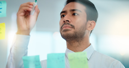 Image showing Project manager planning a strategy while writing notes on a glass wall in an office. Businessman brainstorming and thinking of ideas for his presentation. Serious male entrepreneur being innovative