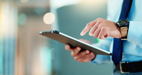 Image showing Business man browsing on a digital tablet in an office. Closeup on hands of a corporate professional and expert staying organized with apps. Scrolling on the internet and planning successful ideas