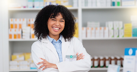 Image showing Medical Professional working at chemist ready to give great healthcare customer service to sick patients. Happy female nurse happy to help people get medicine treatment at her pharmacy retail store