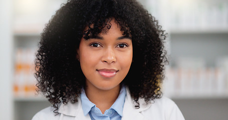 Image showing Closeup portrait of pharmacist face against a bright background with copy space. Professional healthcare worker excited to help, diagnose and treat sick patients at a drugstore or clinic dispensary