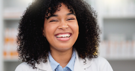 Image showing Closeup portrait of pharmacist face against a bright background with copy space. Professional healthcare worker excited to help, diagnose and treat sick patients at a drugstore or clinic dispensary