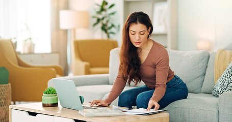 Image showing Entrepreneur, professional and startup worker on her laptop inside home office. Woman thinking, idea and planning digital marketing employee online. Remote, communication and email in house lounge.