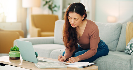 Image showing Entrepreneur, professional and startup worker on her laptop inside home office. Woman thinking, idea and planning digital marketing employee online. Remote, communication and email in house lounge.