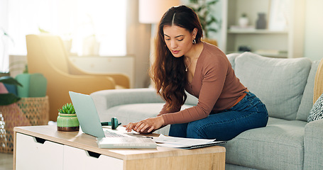 Image showing Creative woman working remote with laptop, writing notes or planning business meeting schedule, agenda or research data. Worker or employee with innovation strategy for KPI or SEO report at home.