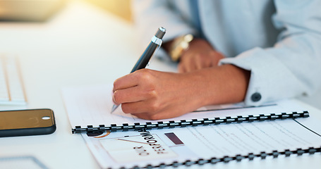 Image showing Closeup man hands filling in company paperwork. Professional individual finalizing business documents, step by step approach. Completing contract forms for new employees at the office.