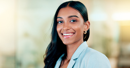 Image showing Portrait of beautiful businesswoman happy smile in office. Female with a positive successful attitude ready to take on work. Confident individual girl showing courage and happiness in the workplace