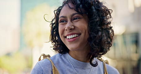 Image showing Woman, travel and freedom in city with relax, journey and vacation in New York with a smile. Portrait, urban and happy female person from Sri Lanka on an adventure and holiday abroad with closeup