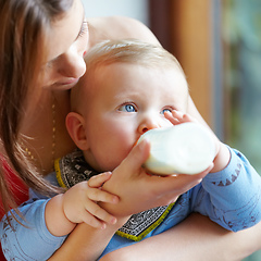 Image showing Nurtured. Loved. Fed. Enough said. Shot of a young mother bottle-feeding her baby boy.