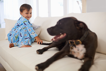 Image showing Sitting with his best friend. A cute liittle boy sitting on a couch with his dog.