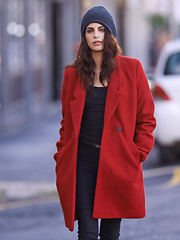 Image showing Urban style. Portrait of a beautiful young woman out and about in the city.