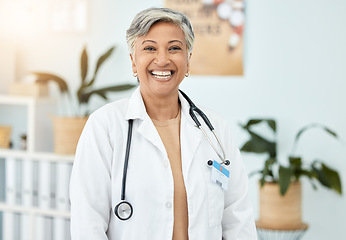 Image showing Portrait, doctor and mature woman in hospital, clinic and healthcare career. Happy face, medical professional and excited expert surgeon, physician smile and confident female therapist in India