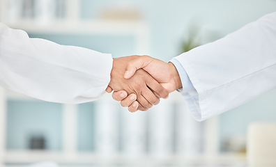 Image showing Handshake, partnership and people in healthcare with trust and help, communication and introduction with welcome. Shaking hands, medical collaboration and support with thank you, agreement and team