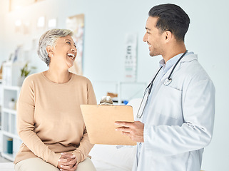 Image showing Consulting, funny and results with old woman and doctor for medical, surgery and life insurance. Medicine, healthcare and report with man and senior patient in hospital for help, exam and checklist