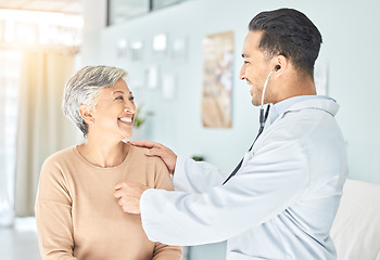 Image showing Doctor, senior patient and heart beat, stethoscope and consultation with cardiology and check breath sound. Help, trust and healthcare, male physician and woman at hospital with cardiovascular health