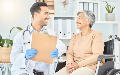 Image showing Consulting, wheelchair and medical with old woman and doctor for results, surgery and life insurance. Medicine, healthcare and report with man and patient with a disability for help and checklist