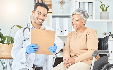 Image showing Consulting, wheelchair and results with old woman and doctor for medical, surgery and life insurance. Medicine, healthcare and report with man and patient with a disability for help and checklist