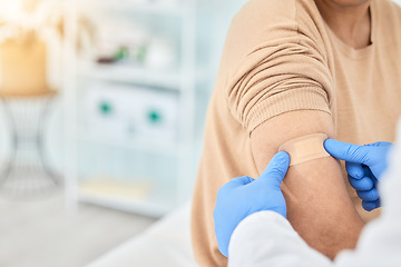 Image showing Bandaid, vaccine and patient with doctor for healthcare, first aid bandage or medical consultation for covid injection. Hands, hospital nurse and plaster for an injury, virus or injection in arm