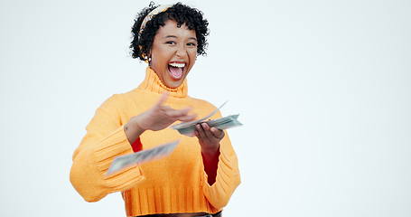 Image showing Woman, excited and cash, finance and wealth, prize or reward in portrait isolated on white background. Winner, celebrate and bonus, money and dollar bills with happiness, financial freedom in studio