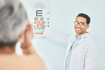 Image showing Vision, test for eyes and reading chart, optometrist and patient, healthcare and alphabet at clinic. Eye care, glasses and diagnosis with assessment, health and wellness, people with trust and help